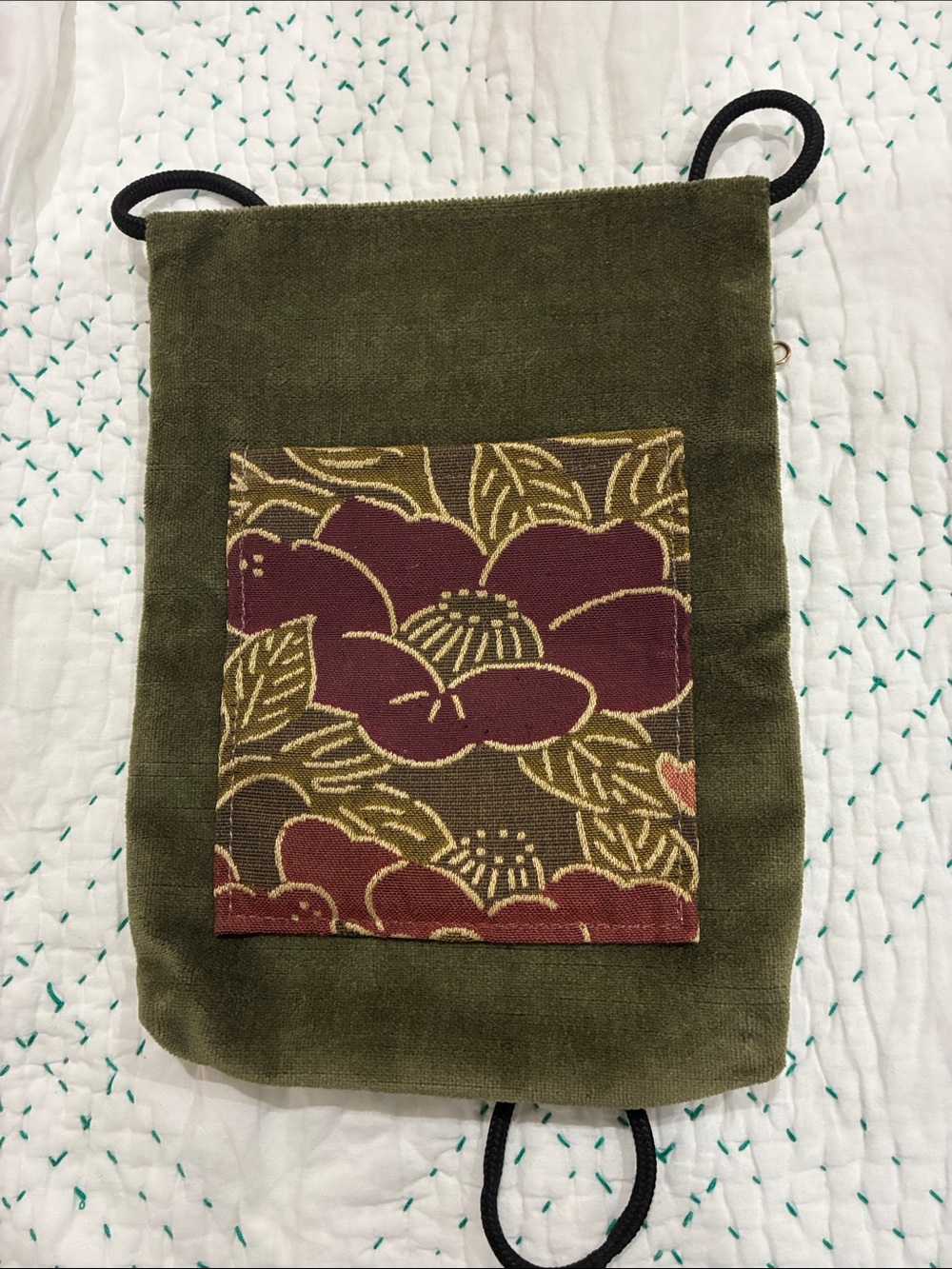 Olive Green Velvet Crossbody Bag with Floral Pocket - Picture 9 of 11